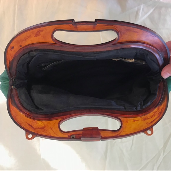 Green leather vintage clutch bag with handle - Picture 4 of 6